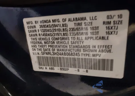 2010 Honda Odyssey Lx from USA, damaged, VIN 5FNRL3H24AB068245